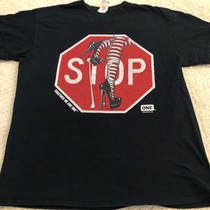 One Condom  STOP gumshoe Together we are one t-shirt Size Med Ex Cond.